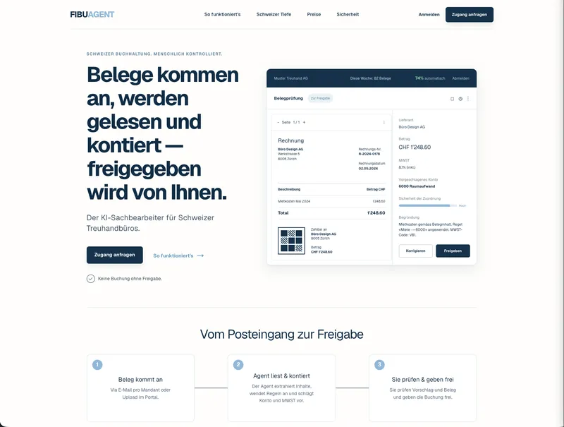 FibuAgent Website mit digitaler Belegprüfung für Schweizer Treuhandbüros